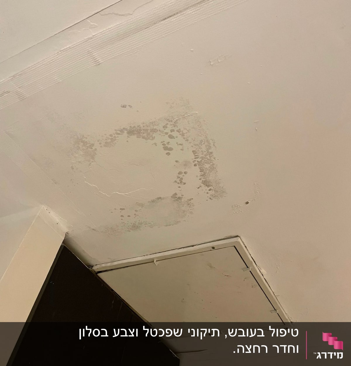 תקרה עם כתמי רטיבות וסדקים לפני צביעה